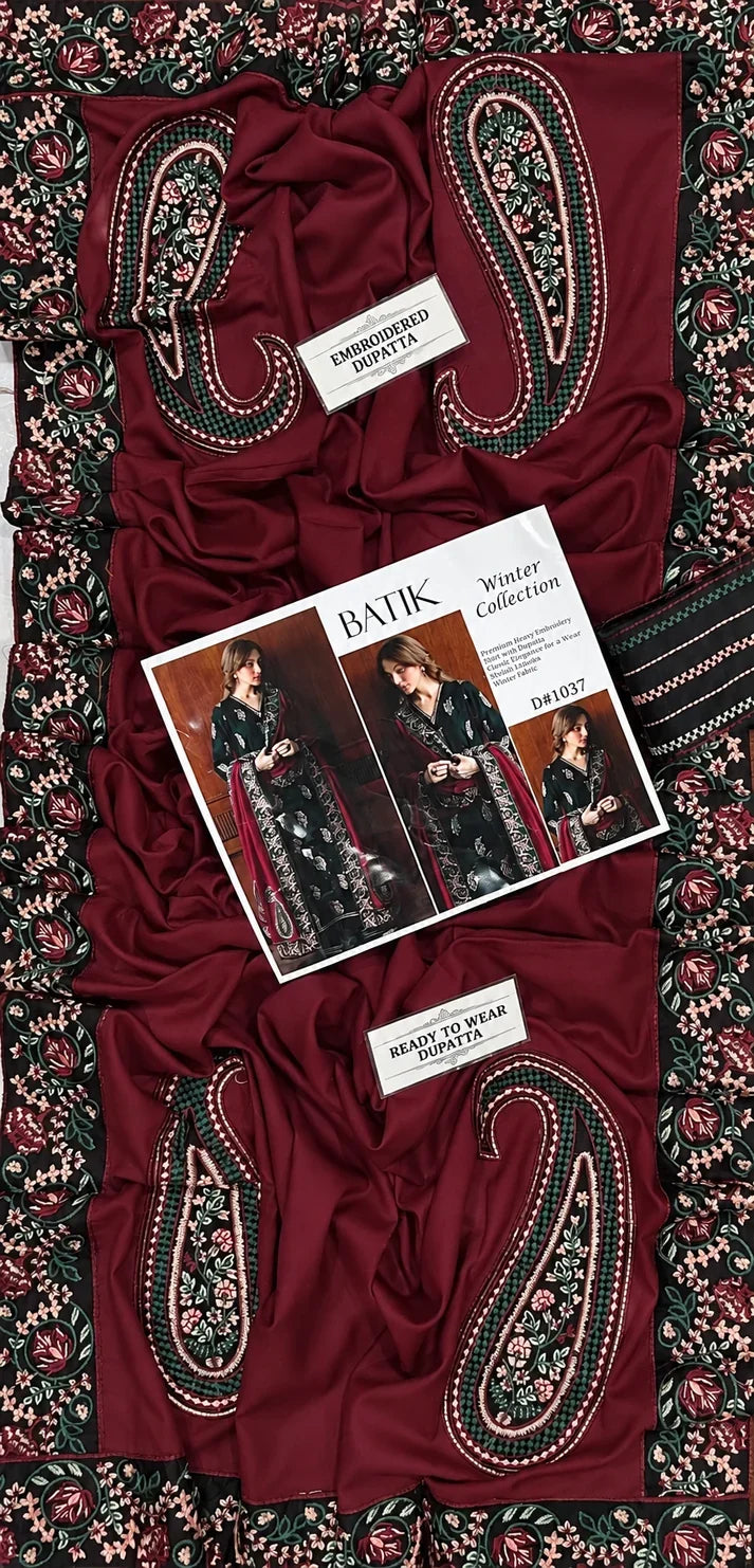 Batik– 3 Piece winter 4 sided Patti and Motif shawl ready to wear-B&M