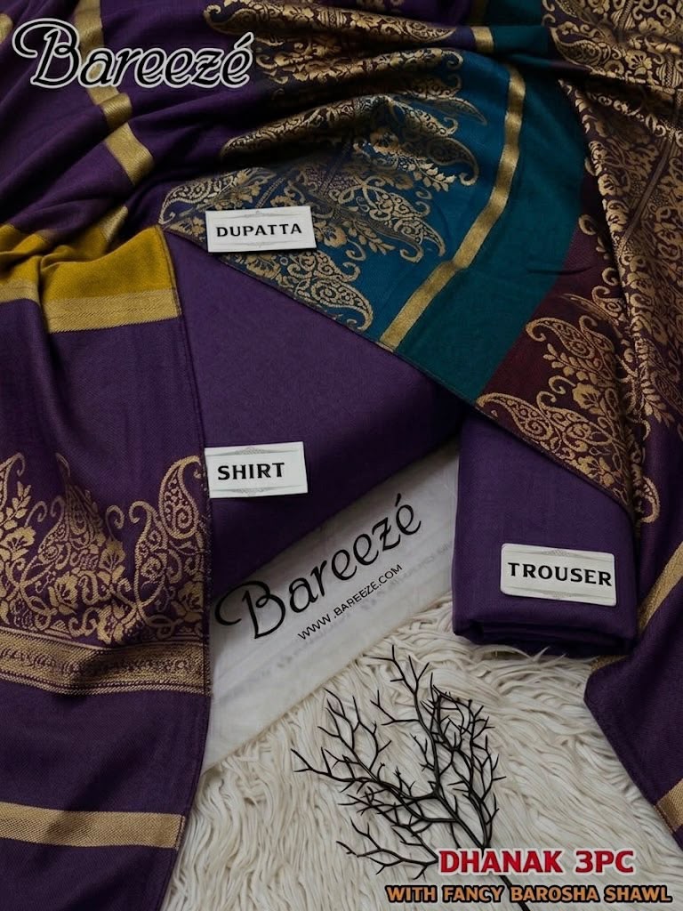 Plum Dhanak Wool 3-Piece Outfit with Brosha Shawl