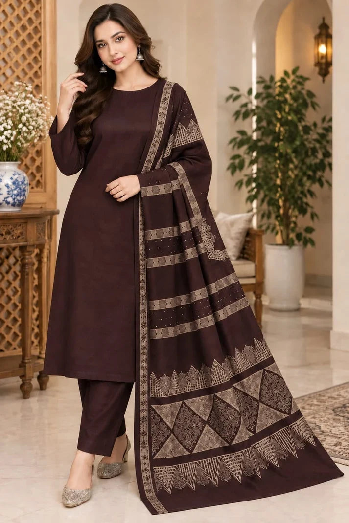 Dhanak wool 3 PC with Brosha Square strips same Shawl-Chocolate