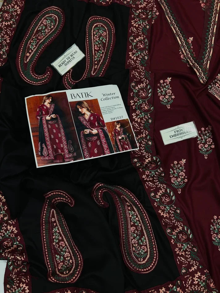Batik– 3 Piece winter 4 sided Patti and Motif shawl ready to wear-M&B
