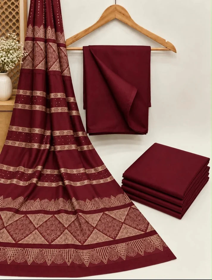 Dhanak wool 3 PC with Brosha Square strips same Shawl-Mehroon