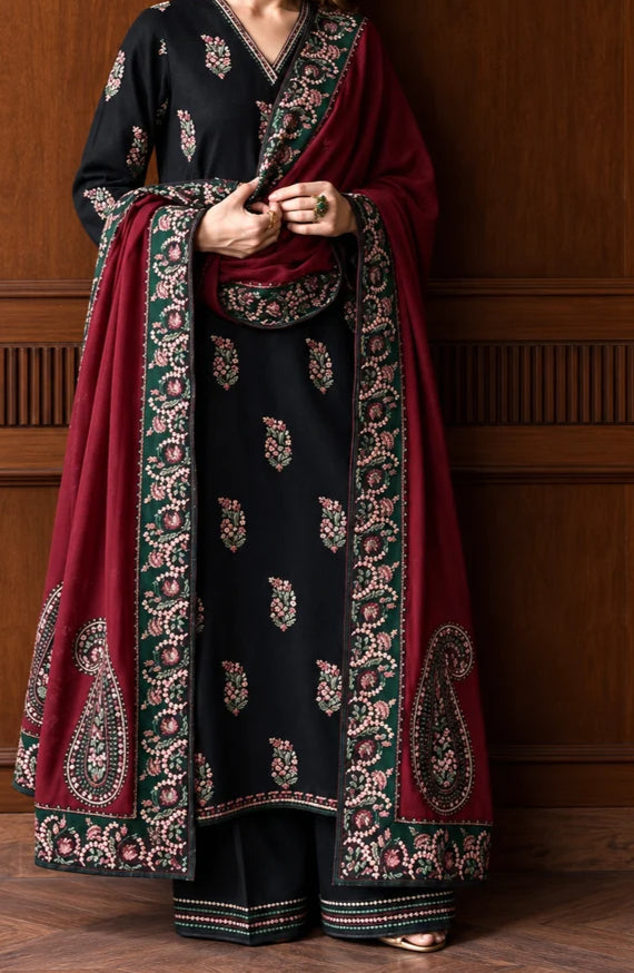 Batik– 3 Piece winter 4 sided Patti and Motif shawl ready to wear-B&M