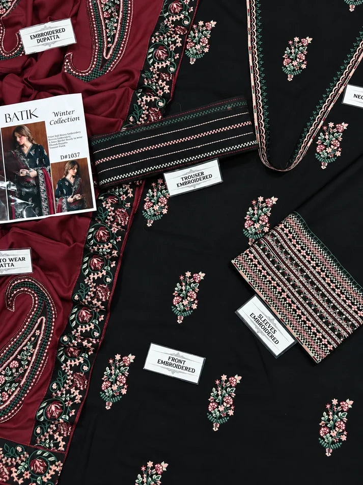 Batik– 3 Piece winter 4 sided Patti and Motif shawl ready to wear-B&M