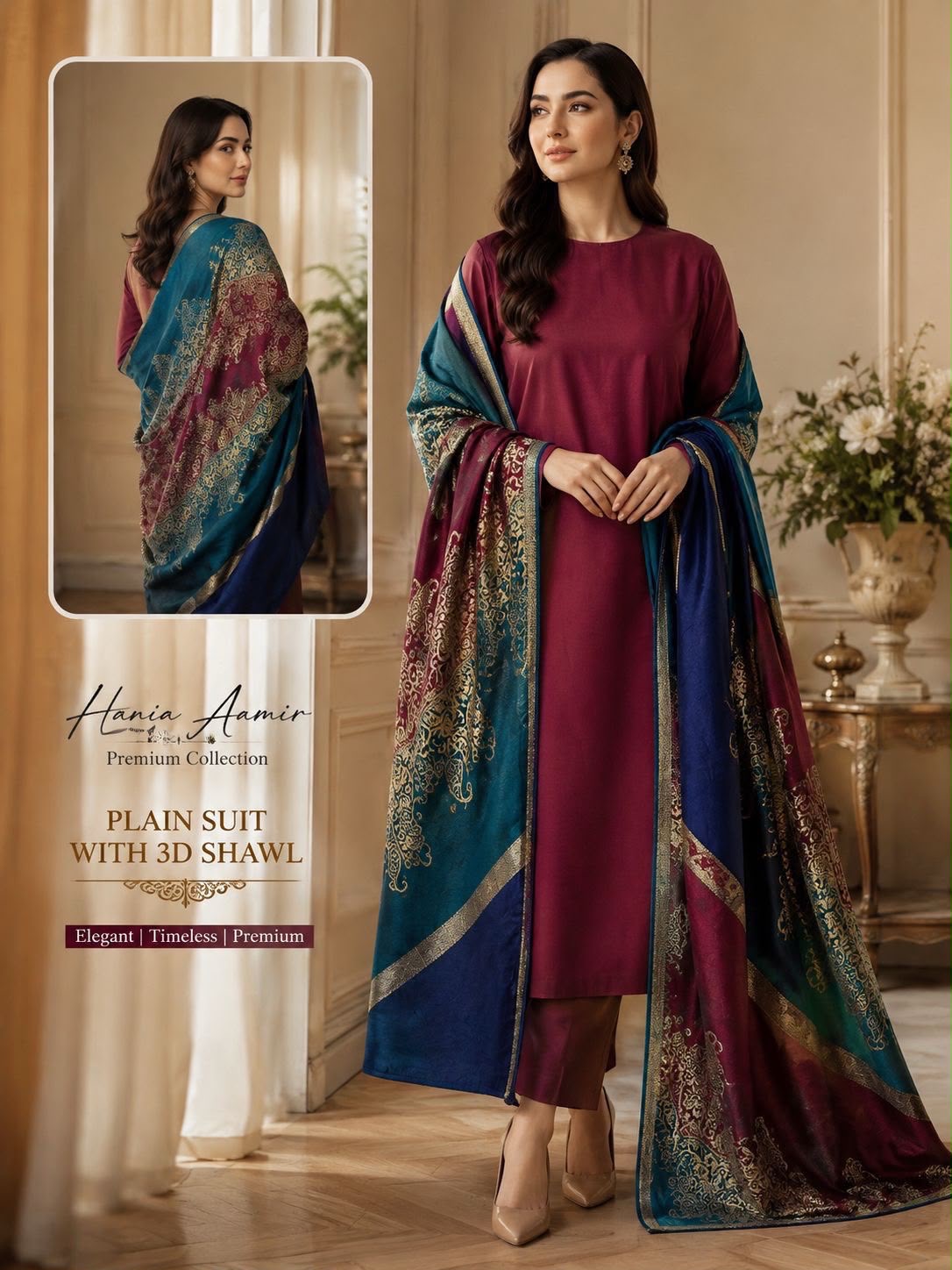 Maroon 3-Piece Dhanak Wool Outfit with Brosha Shawl