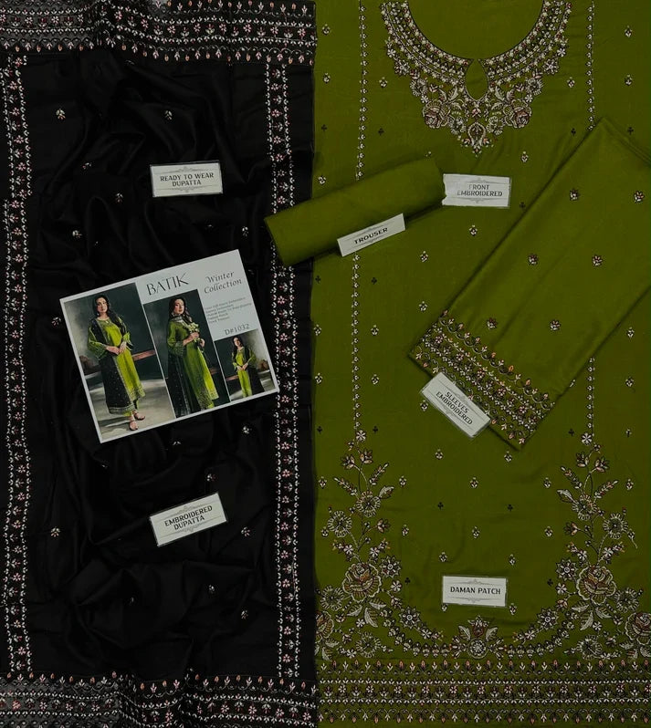 Batik– 3 Piece winter ready to wear contrast Shawl-Mehndi
