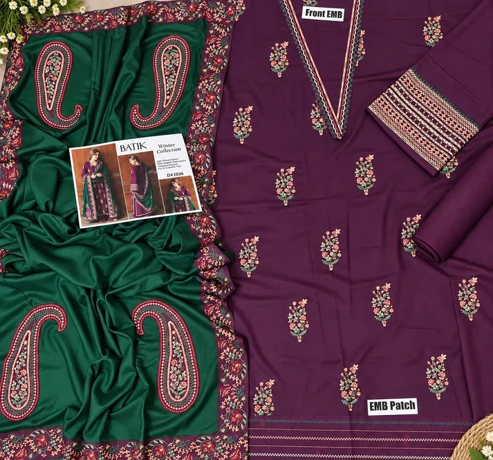 Batik– 3 Piece winter 4 sided Patti and Motif shawl ready to wear-P&G