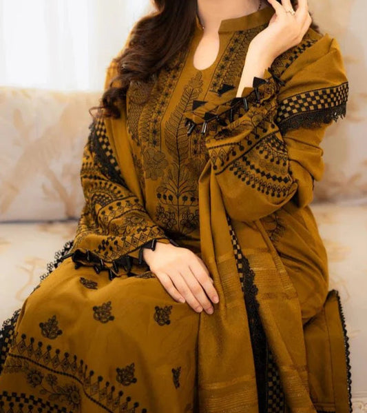 Urge Mustard Dhanak 3PC Heavy embroidery with Embroidery Dhanak Dupatta